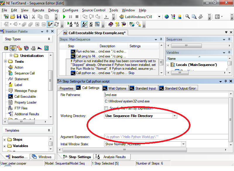 how to execute a system command with call executable in teststand