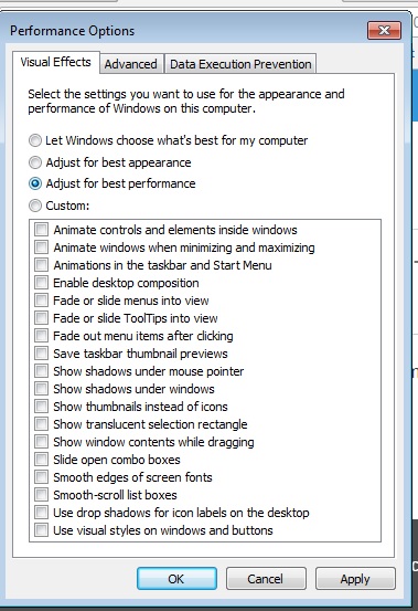 Windows 7 performance options