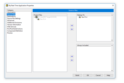 Configurando sua Real-Time-Application: Selecione seu VI principal para inicializar sua aplicação e configure as demais dependencias