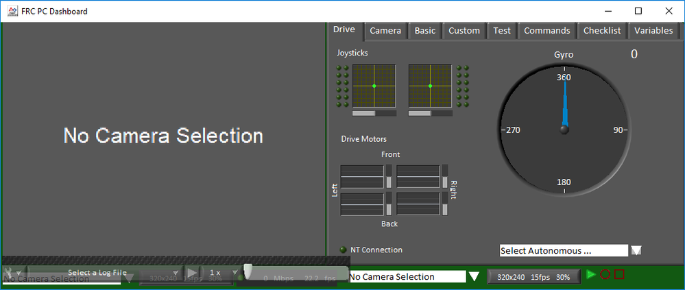 FRC Dashboard screenshot showing the playback on (green frame)