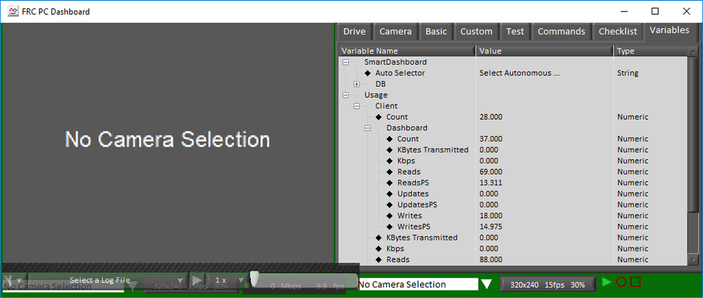 FRC Dashboard screenshot showing the variables tab in playback