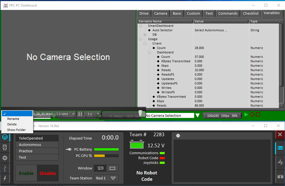 FRC Dashboard screenshot showing the playback settings tool (wrench icon at the bottom left)