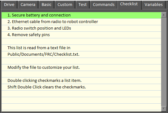 FRC Dashboard screenshot showing the Checklist tab