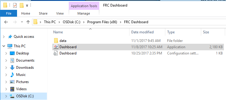 Location of the Dashboard executable in the hard drive