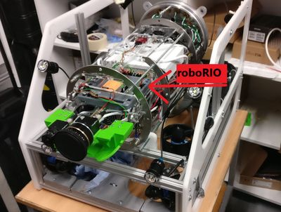 The ROV under construction. Here the brain, the roboRIO, can be seen in the middel.