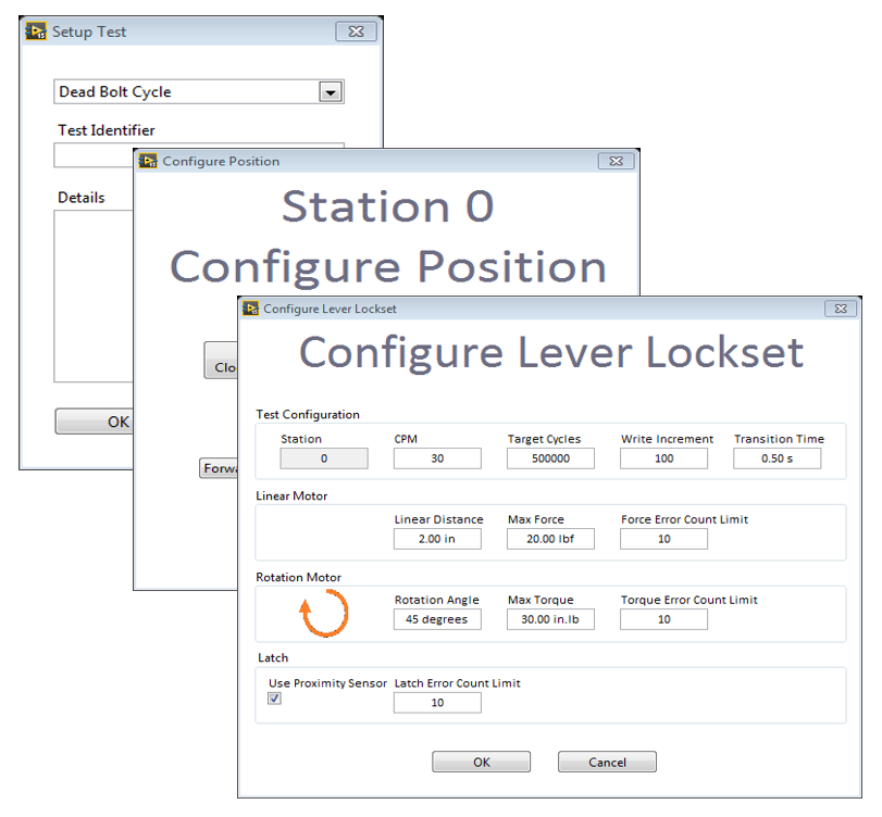 Figure 7 - Test Configuration Interfaces (from left: Setup Test, Configure Position, Configure Test)