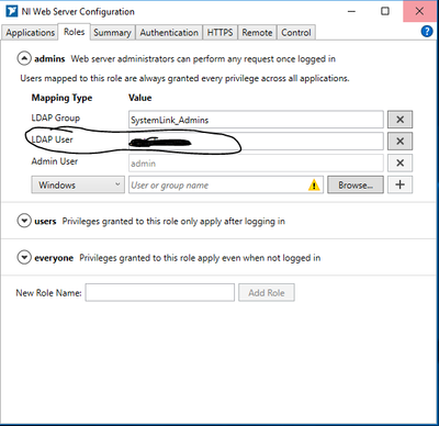 NI Web Server Configuration - Roles - LDAP user as admin