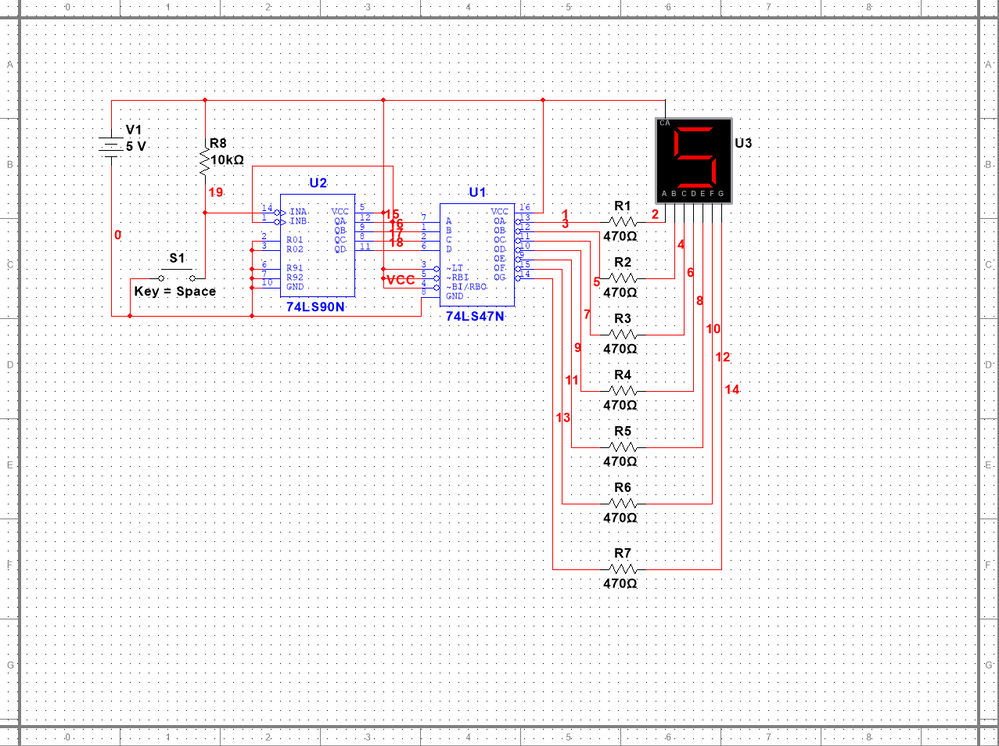 7490 Counter circuit with 7447 and 7 segment display anode on multisim ...