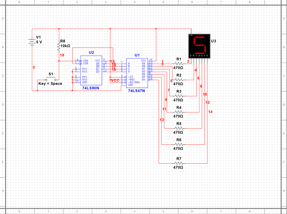 7490 Counter circuit with 7447 and 7 segment display anode on multisim ...