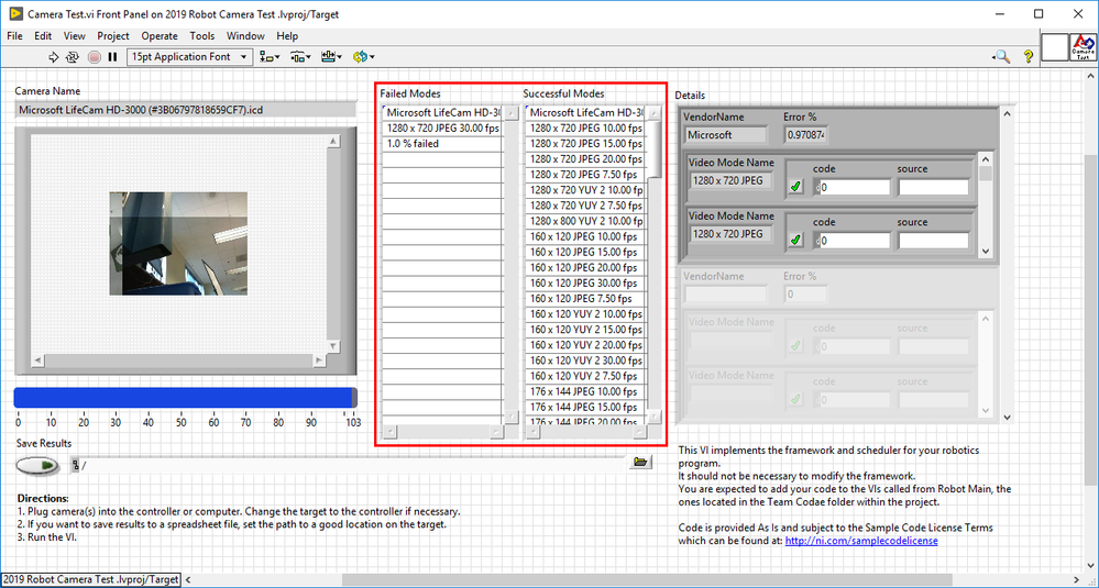 Figure 3: Camera Test’s Front Panel showing the results tables.