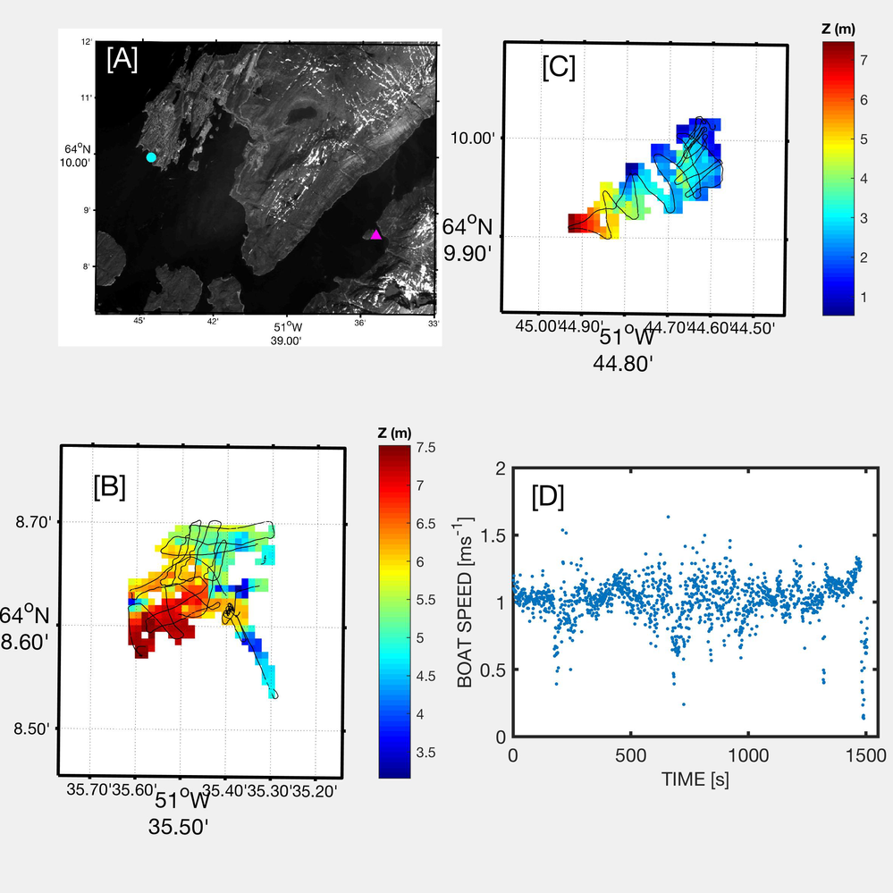 [A] 15 m resolution panchromatic Landsat-8 image (https://earthexplorer.usgs.gov/) that shows the Nuuk area. The test loca- tions in Kobbefjord and Nuuk are indicated by the magenta triangle and the cyan circle, respectively. [B] Gridded depth data recorded by ARCAB in Kobbefjord on 7 January 2019 with the vessel track overlaid in black. [C] Gridded depth data recorded by ARCAB in Nuuk on 8 January 2019 with the vessel track overlaid in black. [D] During autonomous sailing ARCAB maintained a nearly constant speed of 1 m/s, slowed during turns, and stopped at the end of the survey.