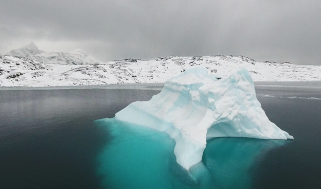 Drone on top of the iceberg during drilling in Godthåbsfjord 1 hour from Nuuk, Greenland