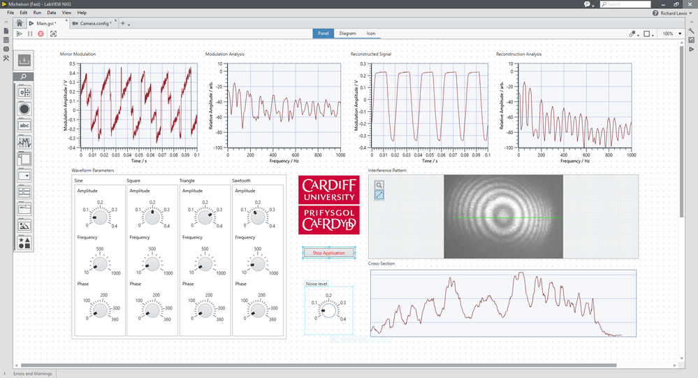 Michelson Interferometer as a LIGO Analogue: prototyped in LabVIEW NXG 2.1 within an MSc Physics micro-project in autumn 2018 and incorporated as part of a National Space Centre “Space Lates” event in January 2019.  Our student-lead micro-projects are designed to mesh with the University’s active research and outreach programmes.