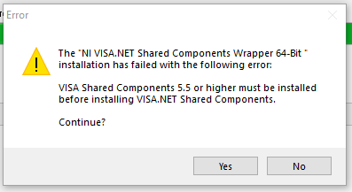 NI Visa.net Shared components Wrapper 64 bit installation has failed witht  he following error. - NI Community