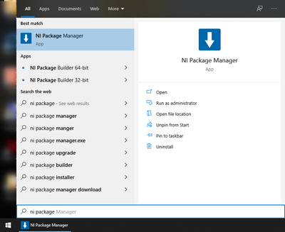 NI Package Manager in Start Menu