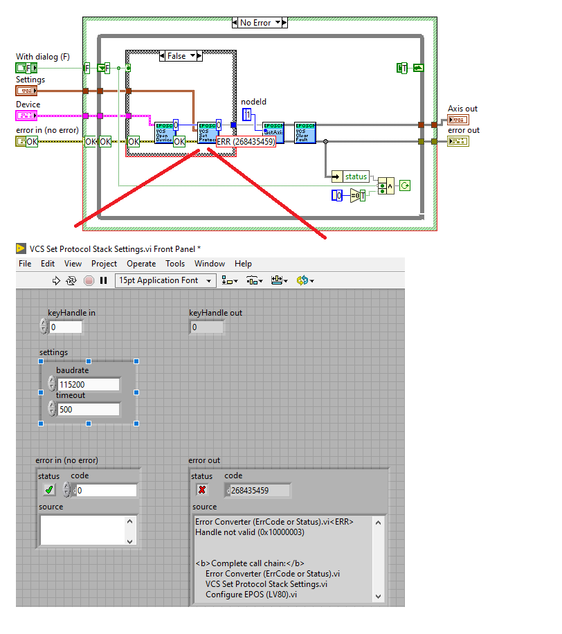 Error occurred in "VCS Set Protocol Stack Settings" VI