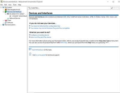 The device can be detected in the NI MAX