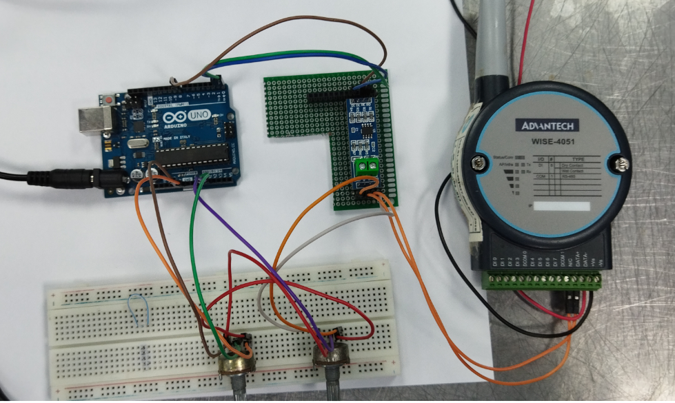 arduino dengan analog input, transfer data analog menggunakan modbus RS485 yang terhubung ke perangkat wifi WISE 4051-AE