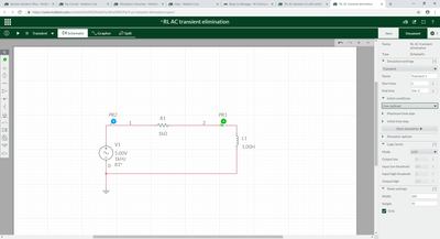 Circuit 2 with Transient Simulation End time set to 10 ms and Initial conditions set to User defined.