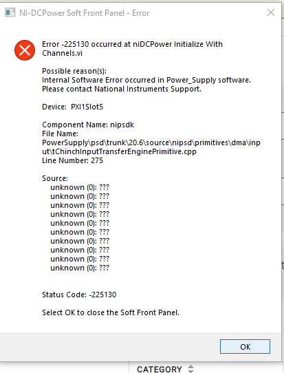 Error -1073807343 occurred at niDCPower Initialize With Channels 