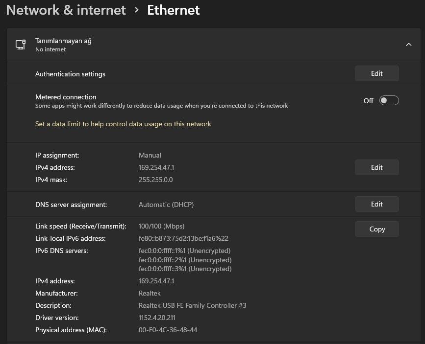 Ethernet adapter settings of the computer