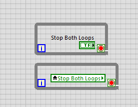 I am using two while loops in labview .. i want a single stop button to ...