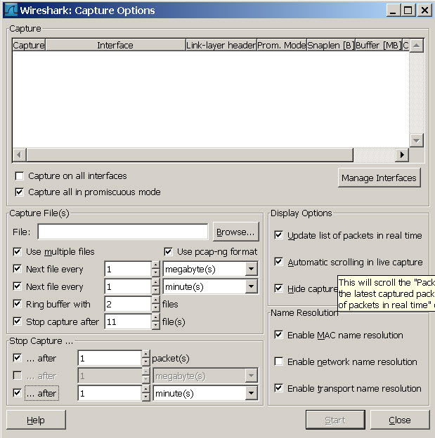 Wireshark capture options