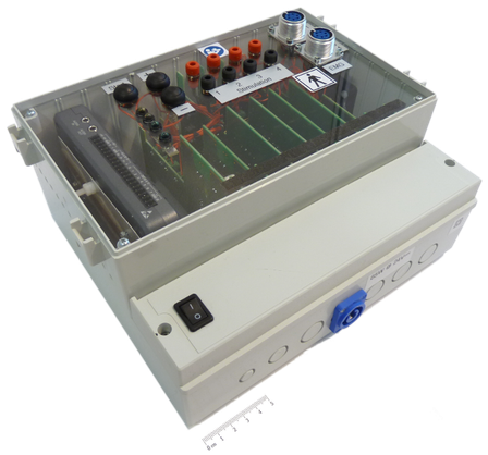 Figure 3. Pacing Prototype System (from left to right: myRIO, UI LEDs and buttons, and connectors)